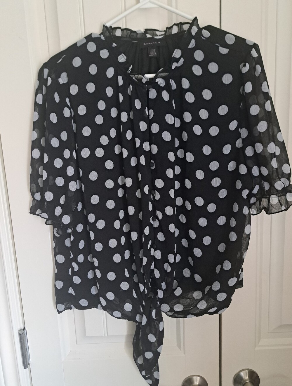 TAMARA H Black WHITE Polka Dot short sleeve blouse lightweight ruffle resort XL